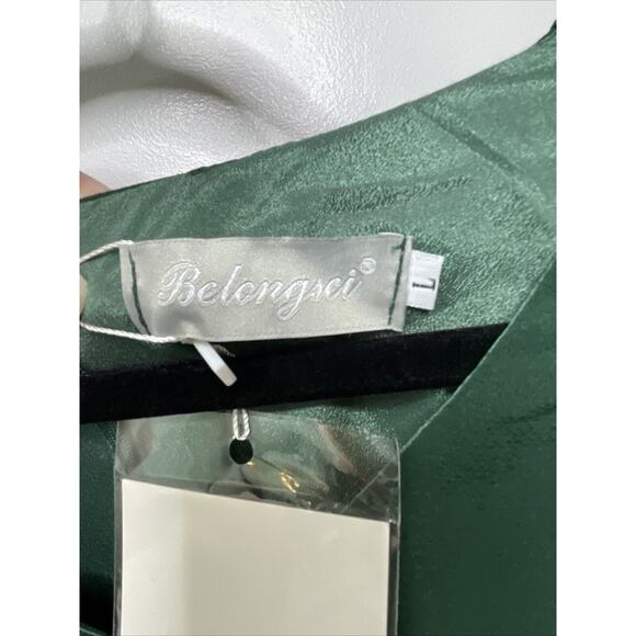 BELONGSCI NWT V Neck Bell Sleeve Shift Mini Green Dress Women L Fairy Flowy Cute - Picture 5 of 12